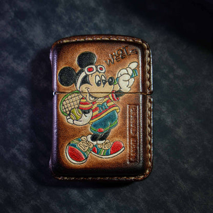 Handmade Zippo leather case Original design cowhide production Mickey from baseball
