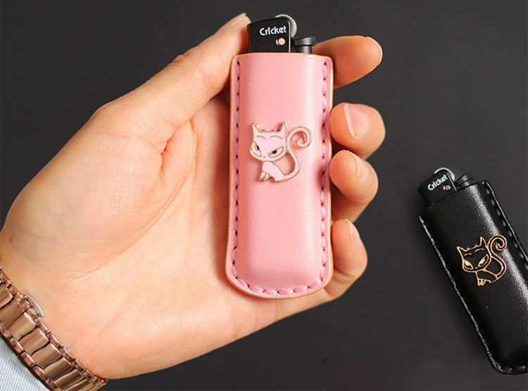 Cricket lighter leather case  handmade Inlaid kitten