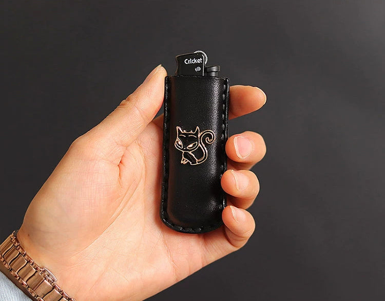 Cricket lighter leather case  handmade Inlaid kitten