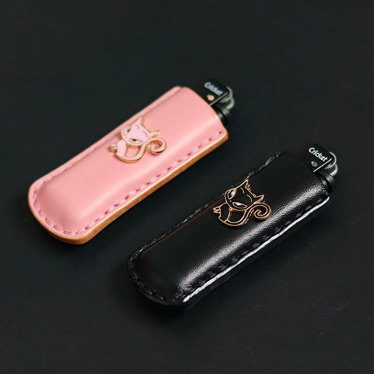 Cricket lighter leather case  handmade Inlaid kitten