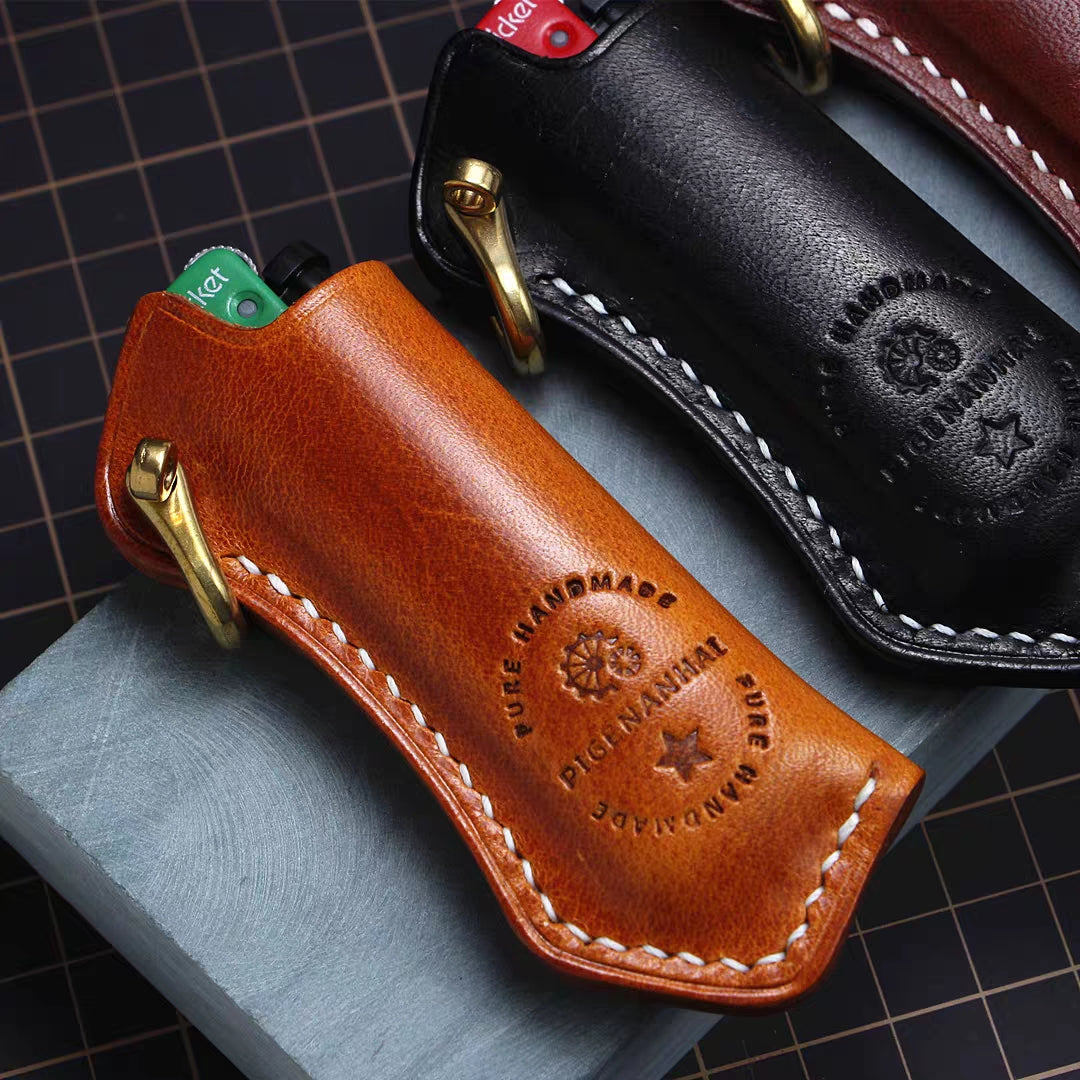 Cricket lighter leather case  handmade Vintage pure copper hook