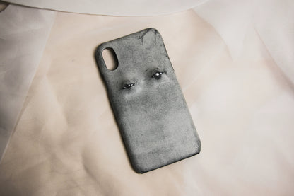 Handmade iPhone leather case Original design ash black Two eyeballs