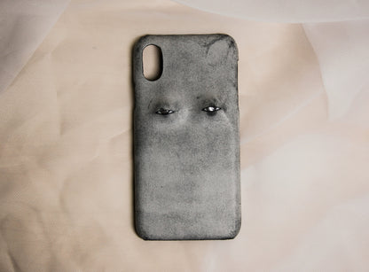 Handmade iPhone leather case Original design ash black Two eyeballs