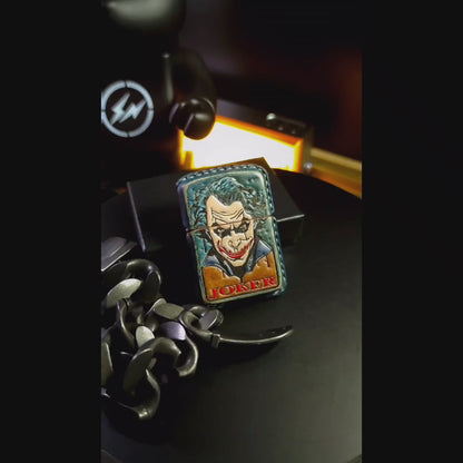 Handmade Zippo leather case Original design cowhide production Smiling joker